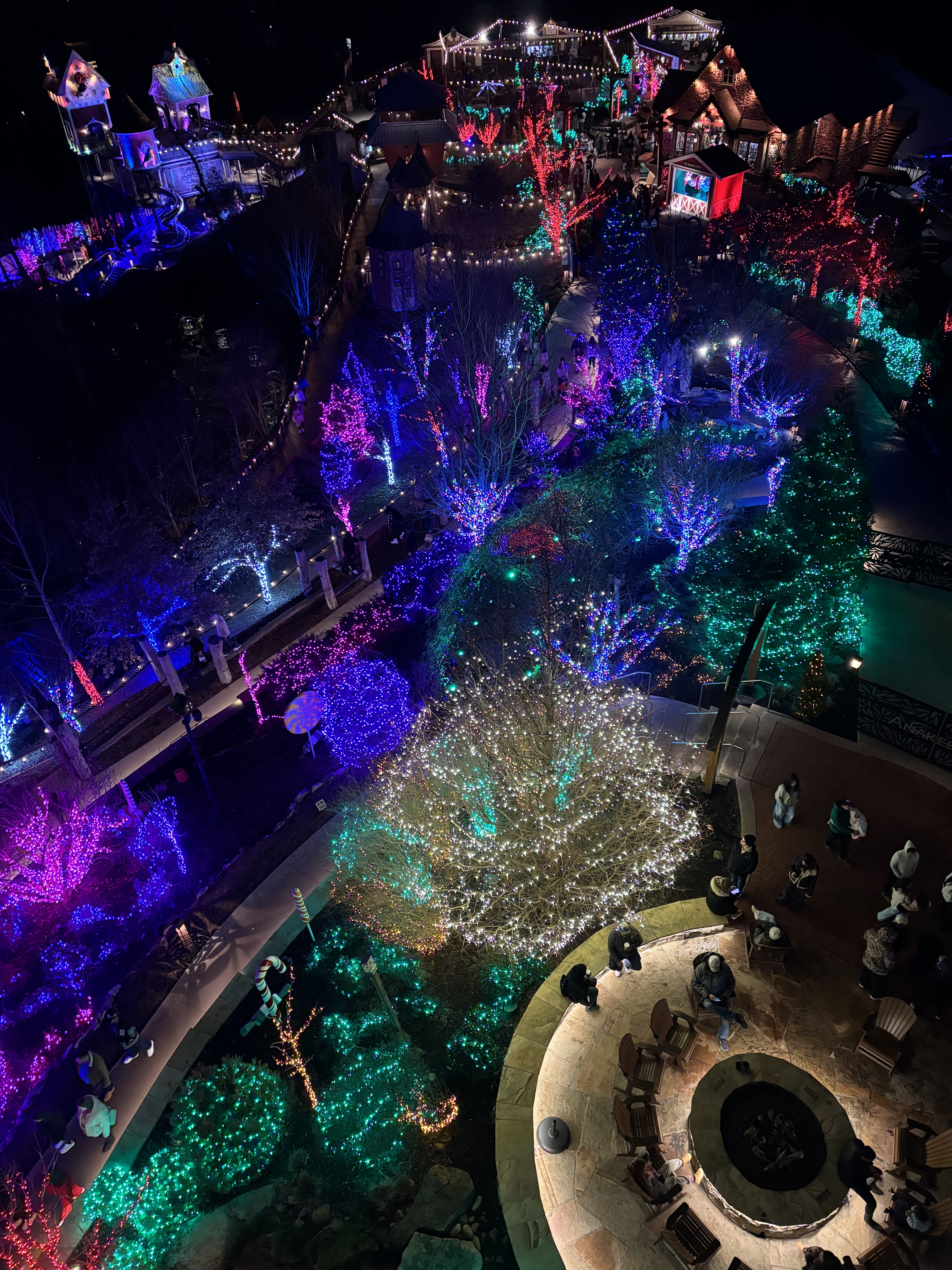 christmas lights in a park aerial view