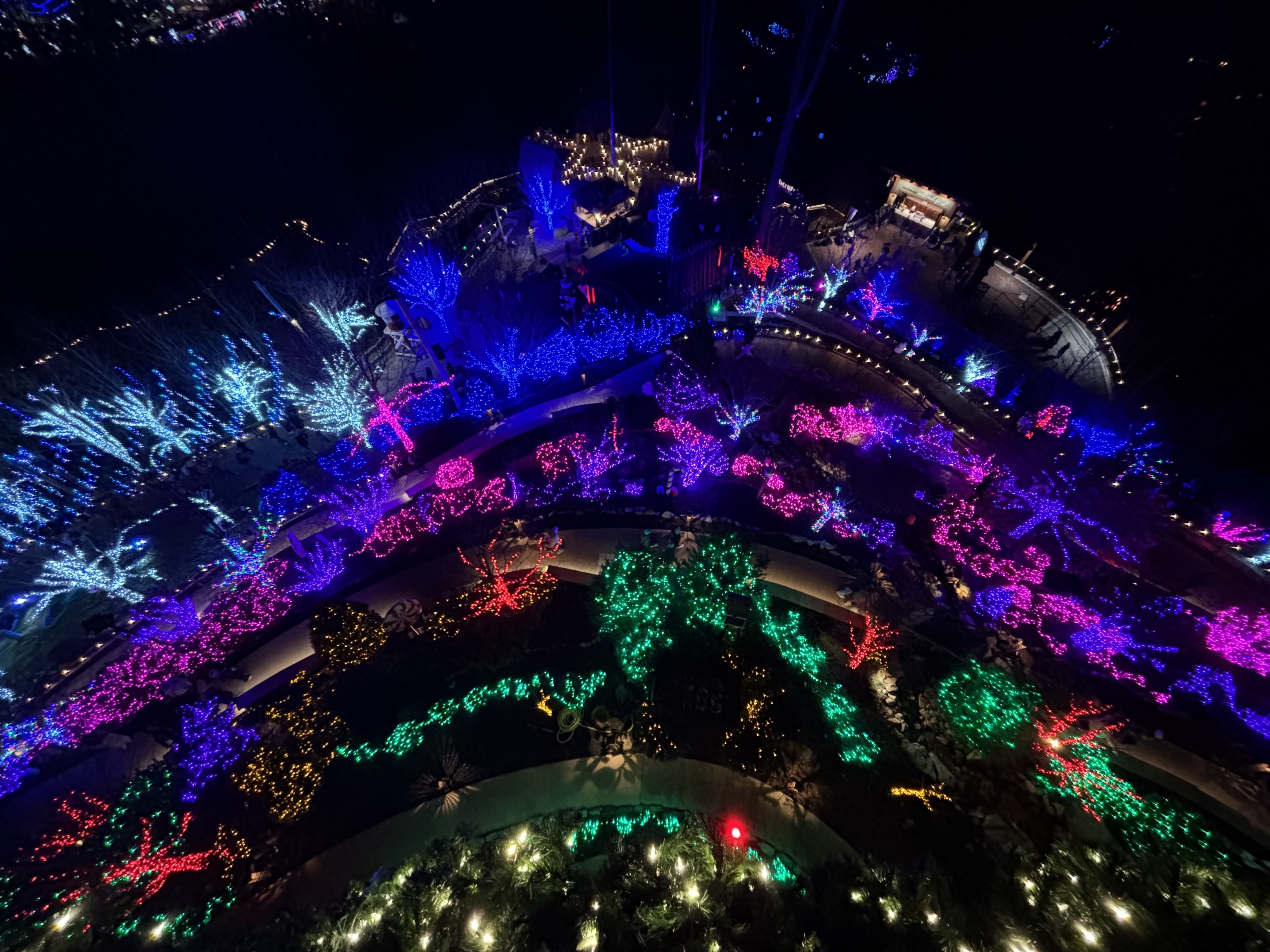christmas lights in a park aerial view