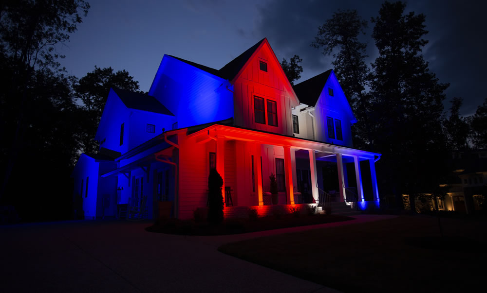 red, white, and blue outdoor lighting