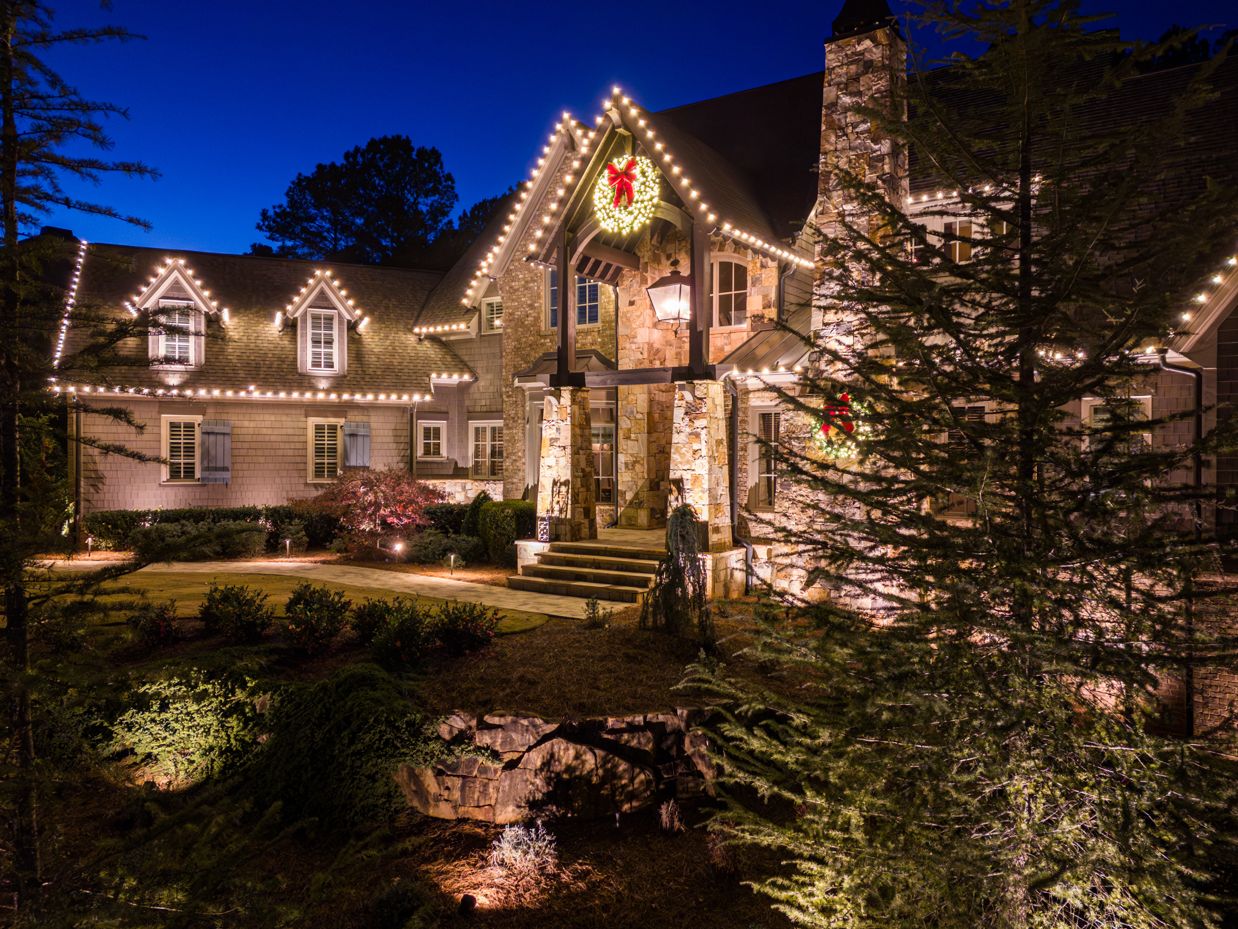 holiday lighting on the exterior of a home