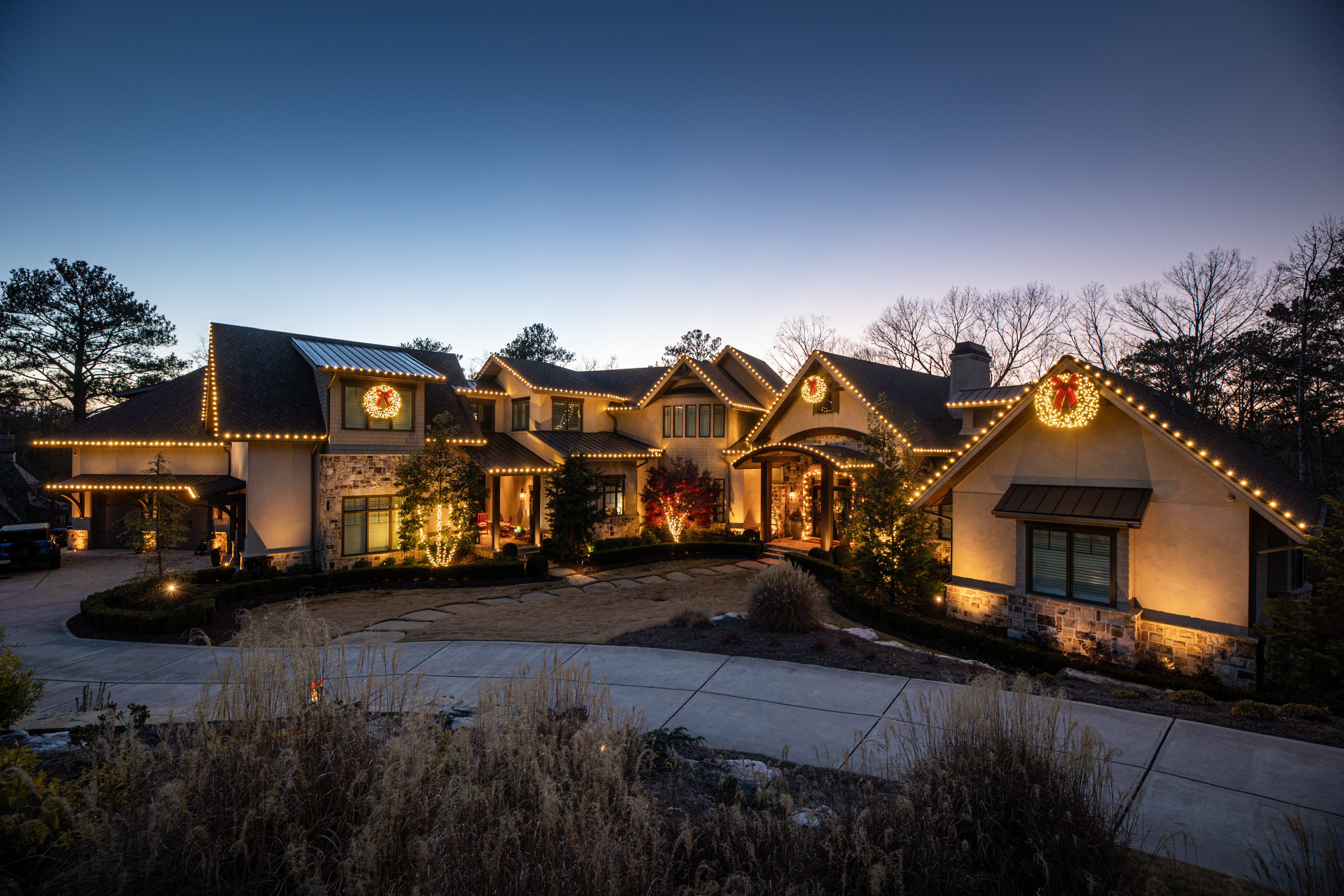 holiday lighting on the exterior of a home