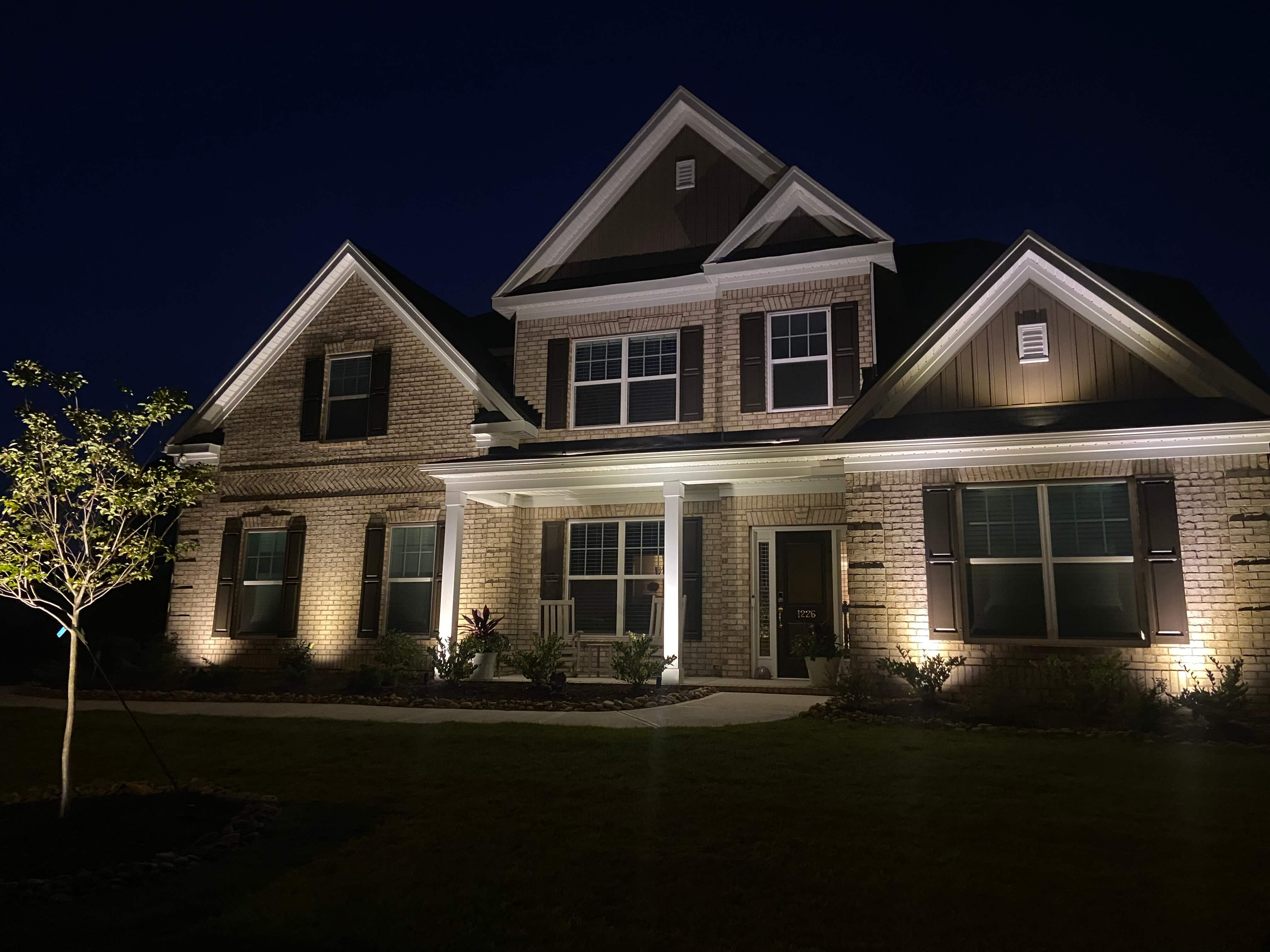 exterior of home lit up