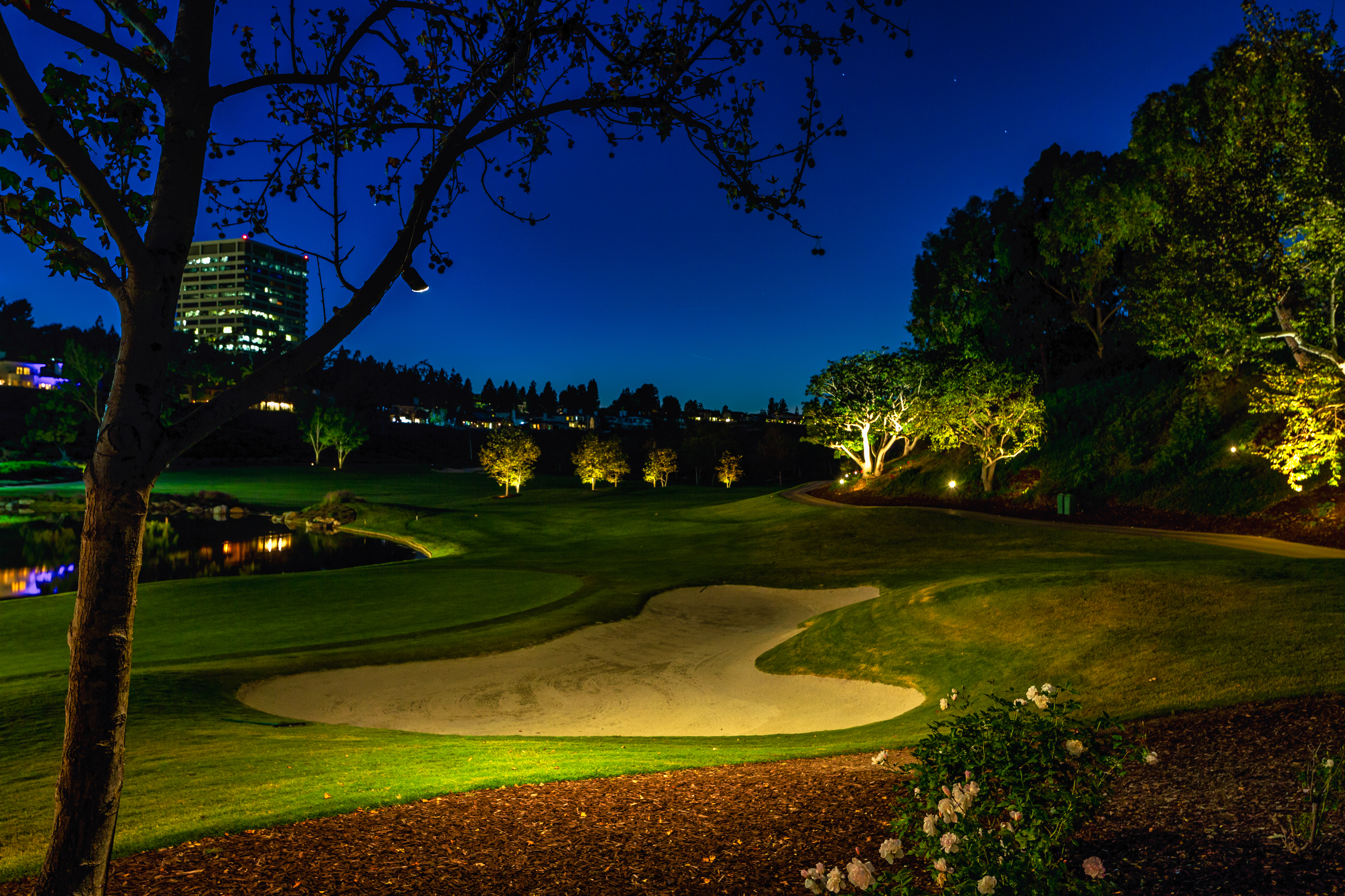 Golf course with various lighting fixtures.