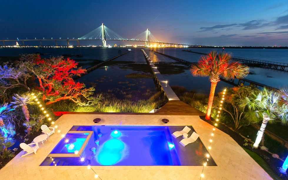 outdoor swimming pool lit up