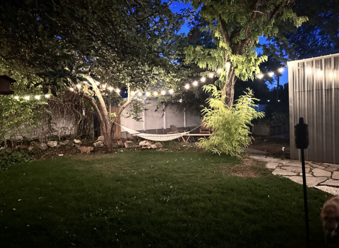 backyard with hammock and string lights