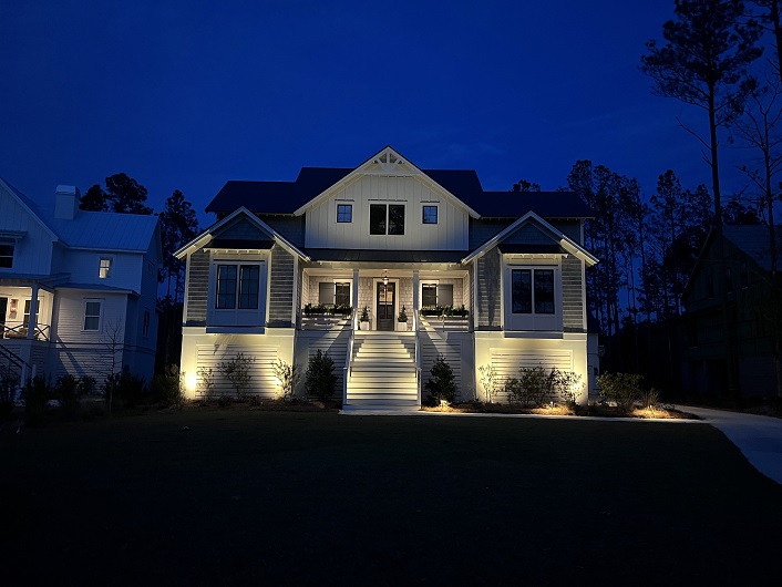 well-lit house at night